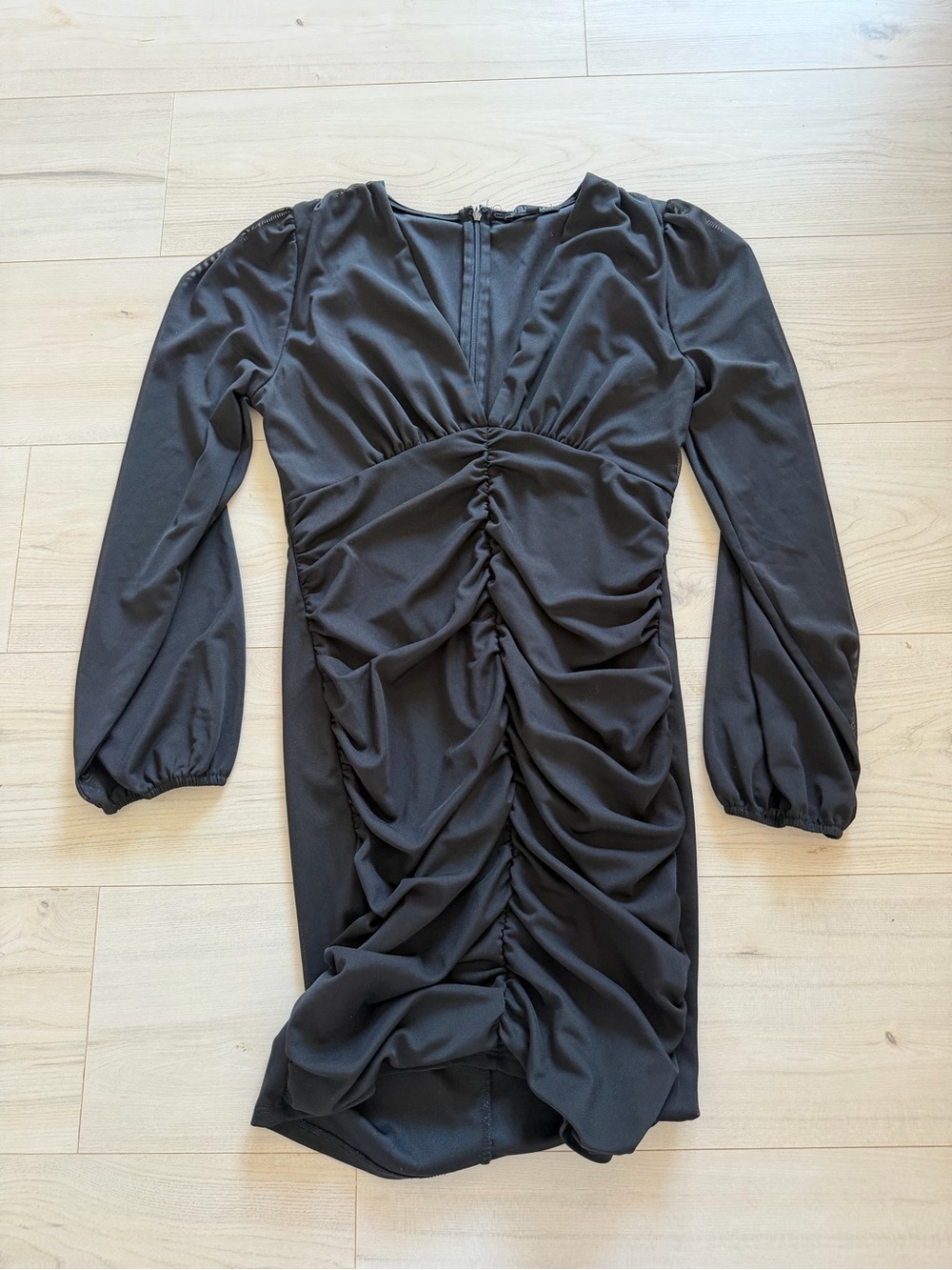 Stella Luce Black Long-Sleeve Ruched Mini Dress